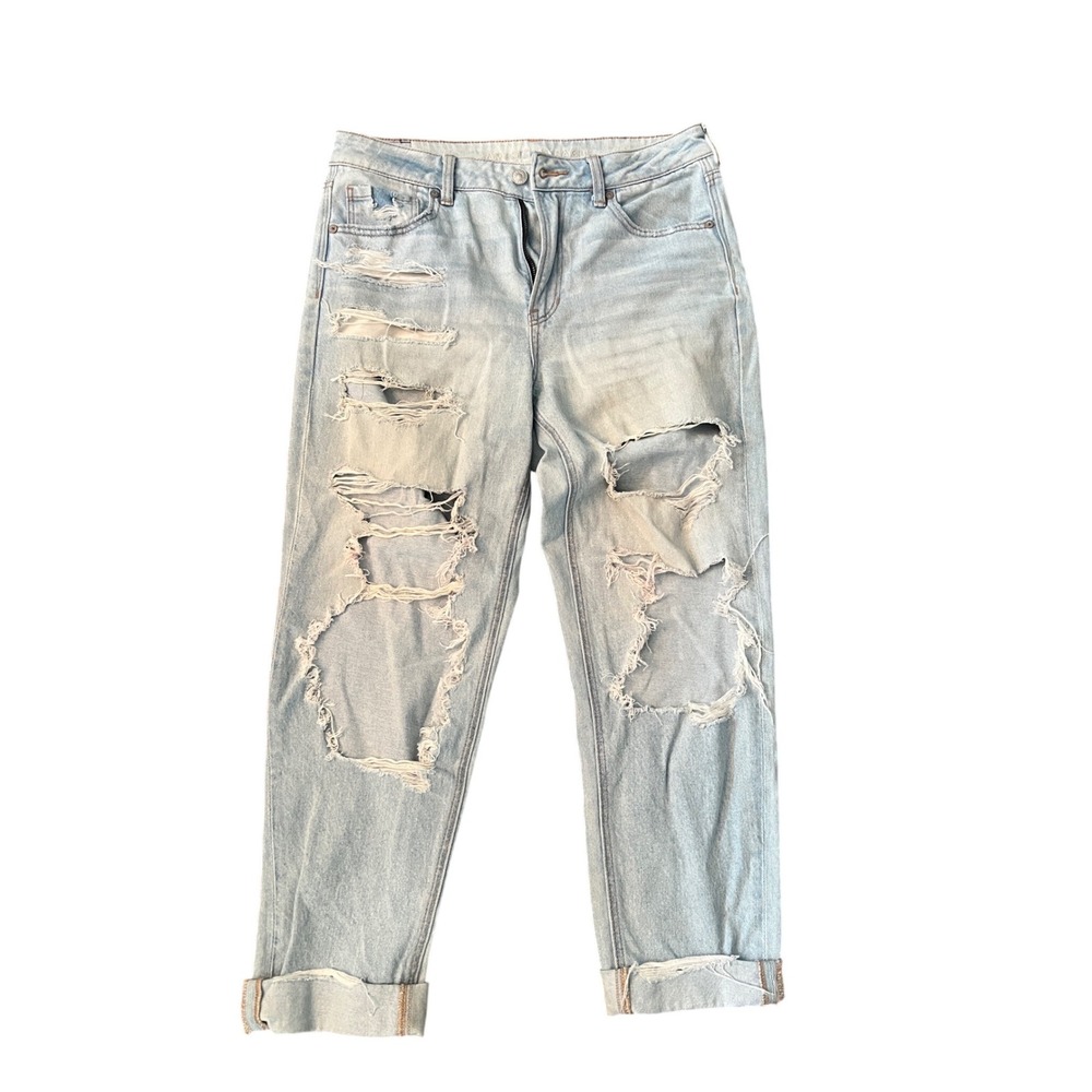 American Eagle Strigid Mom Jeans Light Wash Distressed Ripped Denim Womens Sz 8